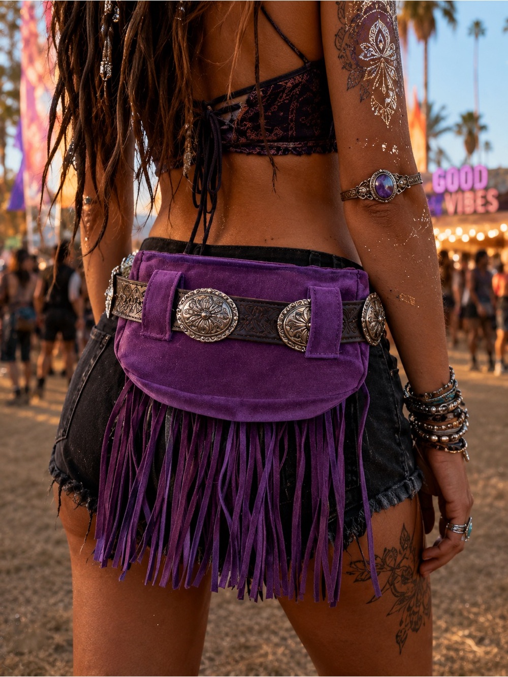 Purple Suede Fringe Crossbody Bag with Concho Belt Detail